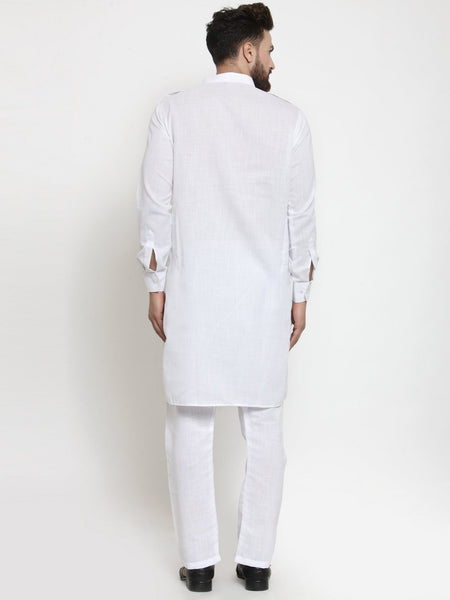 White Kurta With Aligarh Pajama Set in Linen For Men by Treemoda