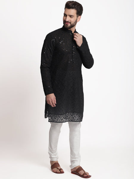 Black Chikankari Floral Embroidery Kurta With Churidar Pajama by Treemoda