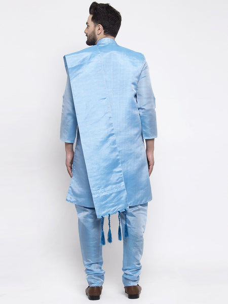 Men's Blue Embroidered Kurta Pajama, Set With Jacket, and Scarf  by Treemoda
