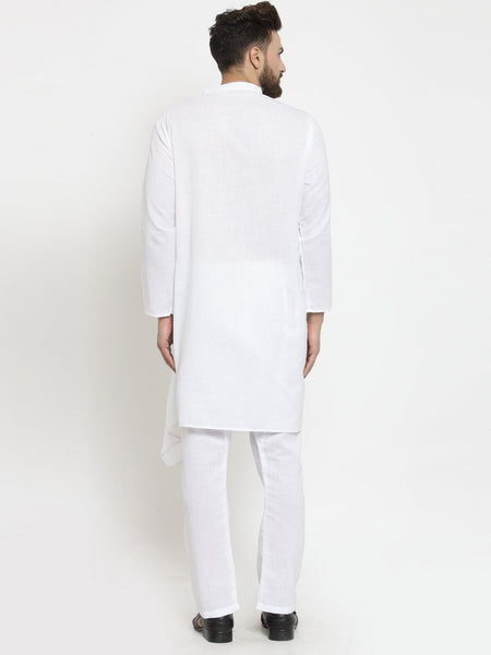 White Kurta With Aligarh Pajama Set in Linen For Men by Treemoda