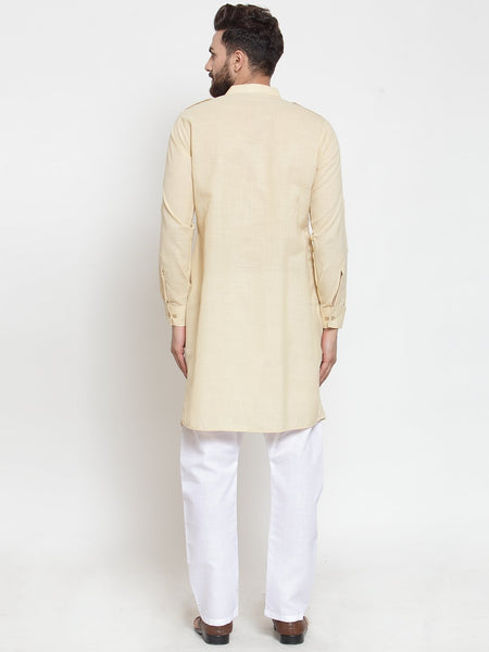 Beige Kurta With Aligarh Pajama Set in Linen For Men by Treemoda