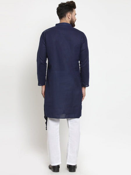 Navy Blue Kurta With Aligarh Pajama Set in Linen for men by Treemoda