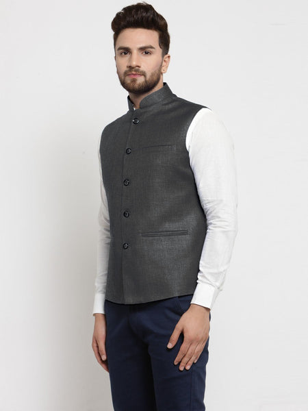 Men Grey Solid Nehru Jacket By Treemoda