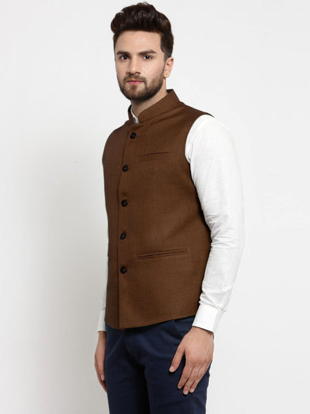 Men Caramel Solid Nehru Jacket By Treemoda