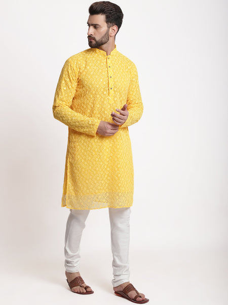 Yellow Chikankari Floral Embroidery Kurta With Churidar Pajama by Treemoda