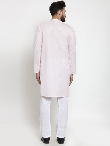 Designer Full Sleeve Pink Kurta With Aligarh Pajama Set in Linen For Men by Treemoda