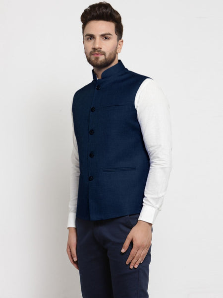 Men Dark Blue Solid Nehru Jacket By Treemoda