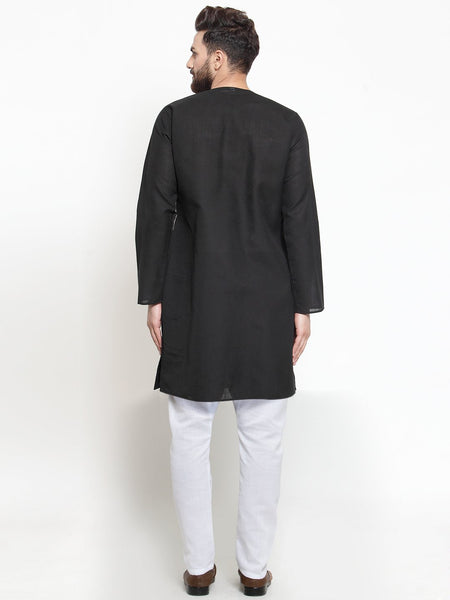 Designer Full Sleeve Black Kurta With Aligarh Pajama Set in Linen For Men by Treemoda