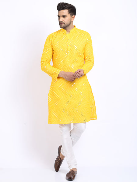 Yellow Georgette Mirror Work Embroidered Kurta with Churidar Pajama by Treemoda