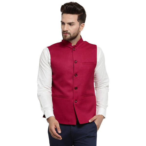Treemoda Cherry Red Nehru jacket For Men Stylish Latest Design Suitable for Ethnic Wear/Wedding Wear/ Formal Wear/Casual Wear