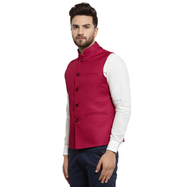 Treemoda Cherry Red Nehru jacket For Men Stylish Latest Design Suitable for Ethnic Wear/Wedding Wear/ Formal Wear/Casual Wear