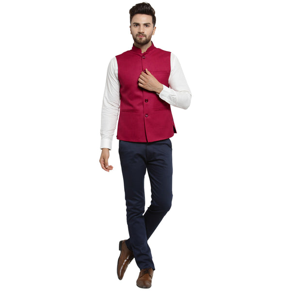 Treemoda Cherry Red Nehru jacket For Men Stylish Latest Design Suitable for Ethnic Wear/Wedding Wear/ Formal Wear/Casual Wear