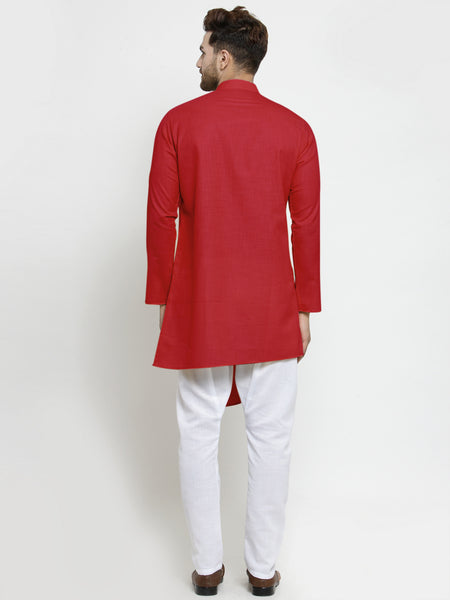 Designer Red Linen Kurta With White Aligarh Pajama For Men By Treemoda