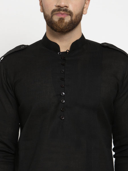 Black Kurta With Churidar Pajama in Linen For Men by Treemoda