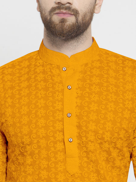 Mustard Yellow Cotton Chikankari Lucknowi Jaal Embroidered Kurta with Churidar Pajama For Men by Treemoda