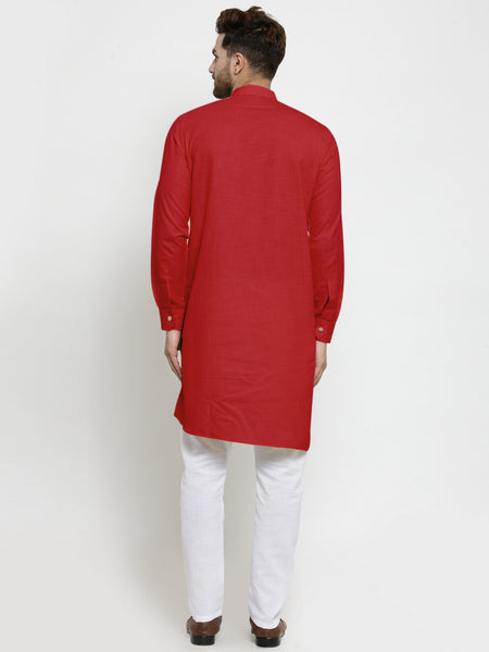 Designer Red Linen Kurta With White Aligarh Pajama For Men By Treemoda