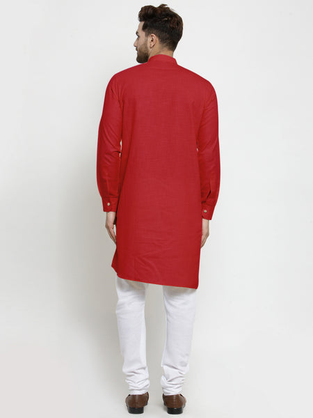 Designer Red Linen Kurta With White Churidar Pyjama For Men By Treemoda