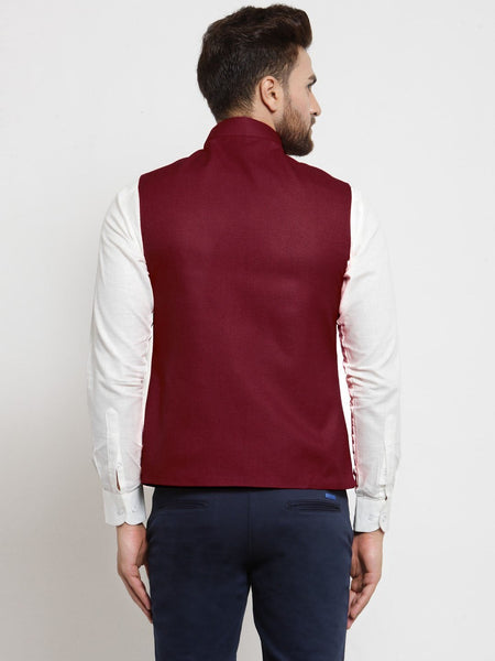 Men Maroon Solid Nehru Jacket By Treemoda