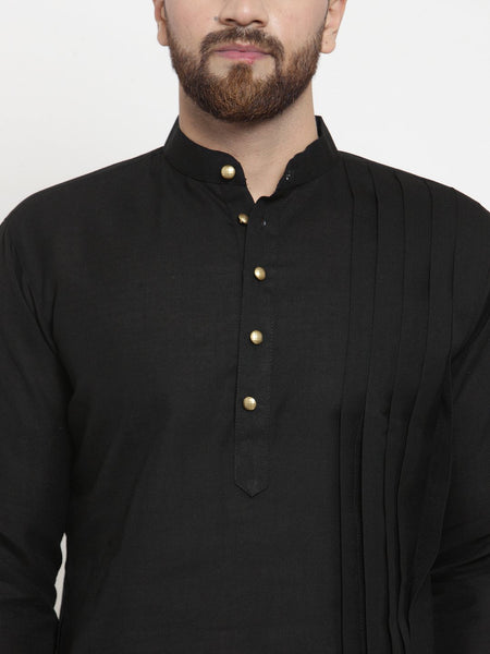 Black Kurta With Churidar Pajama Set in Linen For Men by Treemoda