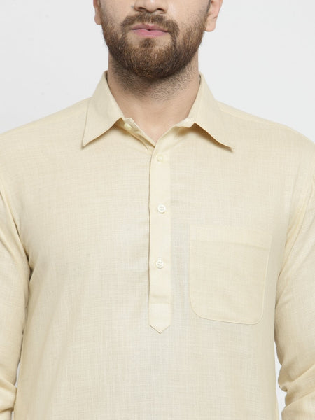 Designer Beige Pathani Lenin Kurta with White Aligarh Pajama by TREEMODA