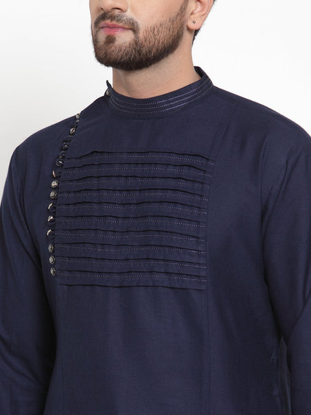 Designer Navy Blue Kurta With Churidar Pajama in Linen for Men by Treemoda