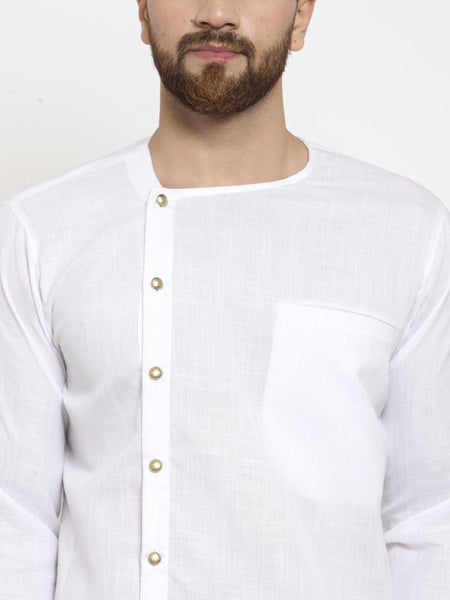 White Kurta With Churidar Pajama Set in Linen for men by Treemoda