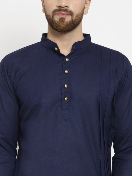 Navy Blue Kurta With Churidar Pajama Set in Linen For Men by Treemoda
