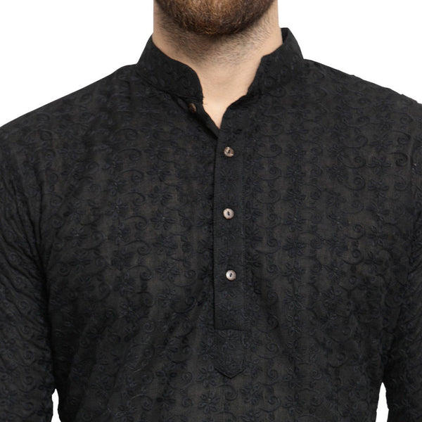 Black Cotton Chikankari Lucknowi Jaal Embroidered Kurta By Treemoda