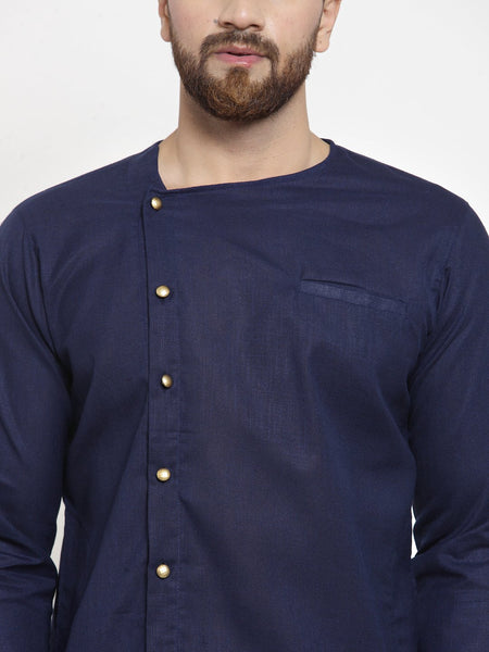 Navy Blue Kurta With Aligarh Pajama Set in Linen for men by Treemoda