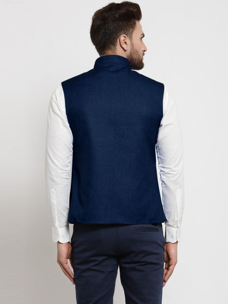 Men Dark Blue Solid Nehru Jacket By Treemoda