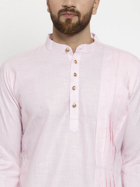 Pink Kurta With Churidar Pajama Set in Linen For Men by Treemoda