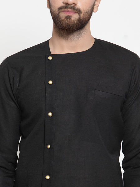 Black Kurta With Churidar Pajama Set in Linen For Men by Treemoda