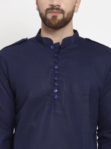 Navy Blue Kurta With Aligarh Pajama Set in Linen For Men by Treemoda