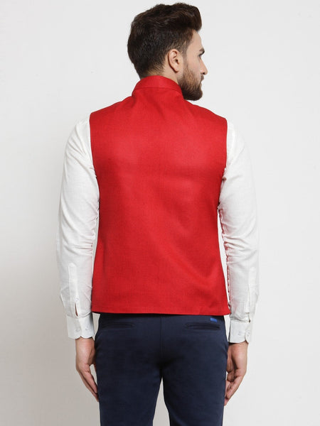 Men Red Solid Nehru Jacket By Treemoda