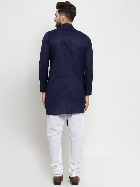 Designer Blue Linen Kurta With Chudidar Pajama For Men By Treemoda