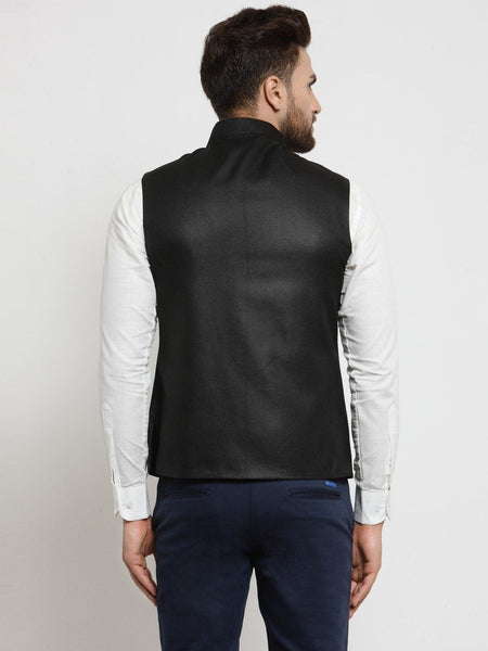 Men Black Solid Nehru Jacket By Treemoda