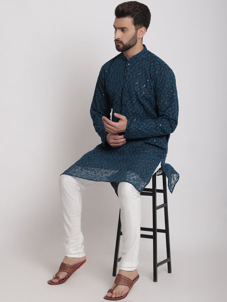 Blue Chikankari Floral Embroidery Kurta With Churidar Pajama by Treemoda