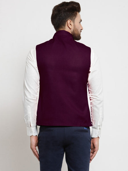Men Purple Solid Nehru Jacket By Treemoda