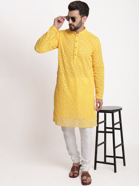 Yellow Chikankari Floral Embroidery Kurta With Churidar Pajama by Treemoda