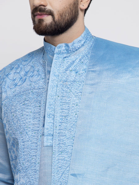 Men's Blue Embroidered Kurta Pajama, Set With Jacket, and Scarf  by Treemoda