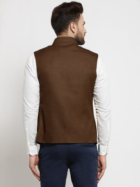 Men Caramel Solid Nehru Jacket By Treemoda