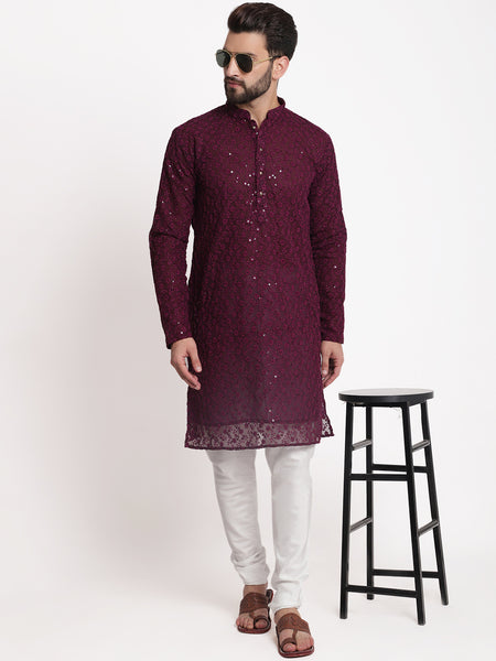 Wine Chikankari Floral Embroidery Kurta With Churidar Pajama by Treemoda
