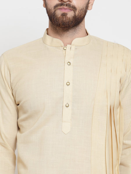 Beige Kurta With Churidar Pajama Set in Linen For Men by Treemoda
