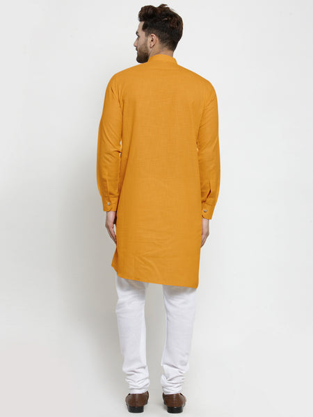 Designer Mustard Yellow Linen Kurta With White Churidar Pajama For Men By Treemoda
