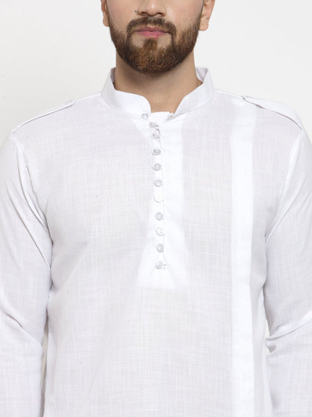 White Kurta With Aligarh Pajama Set in Linen For Men by Treemoda