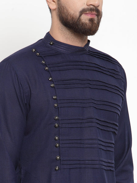 Designer Navy blue Kurta With Churidar Pajama Set in Linen for men by Treemoda