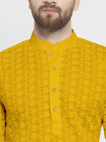 Mustard Yellow Chikankari Lucknowi Jaal Embroidered Kurta with Aligarh Pajama For Men  by Treemoda