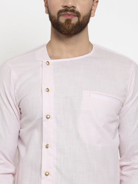 Pink Kurta With Churidar Pajama Set in Linen For Men by Treemoda