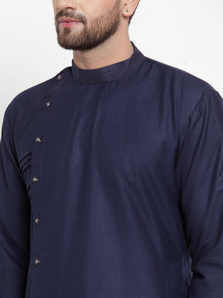 Designer Navy Blue Kurta With Churidar Set in Linen For Men by Treemoda