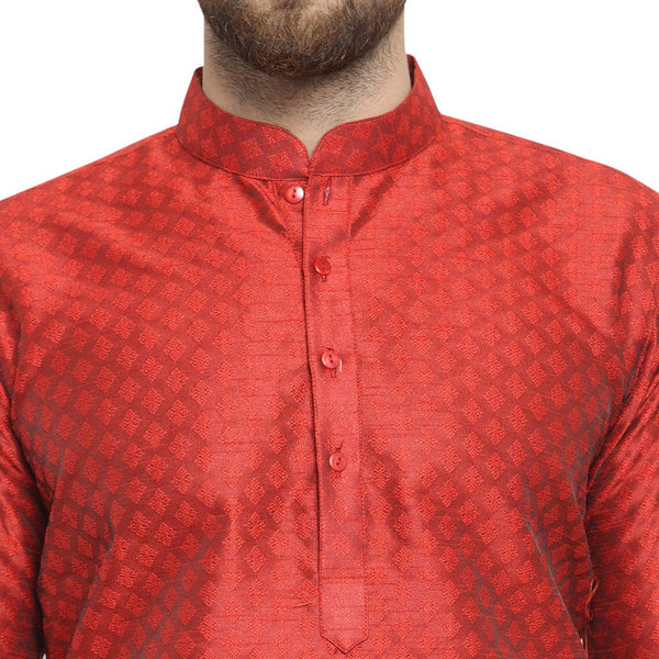 Embellished Brocade Kurta in Red By Treemoda
